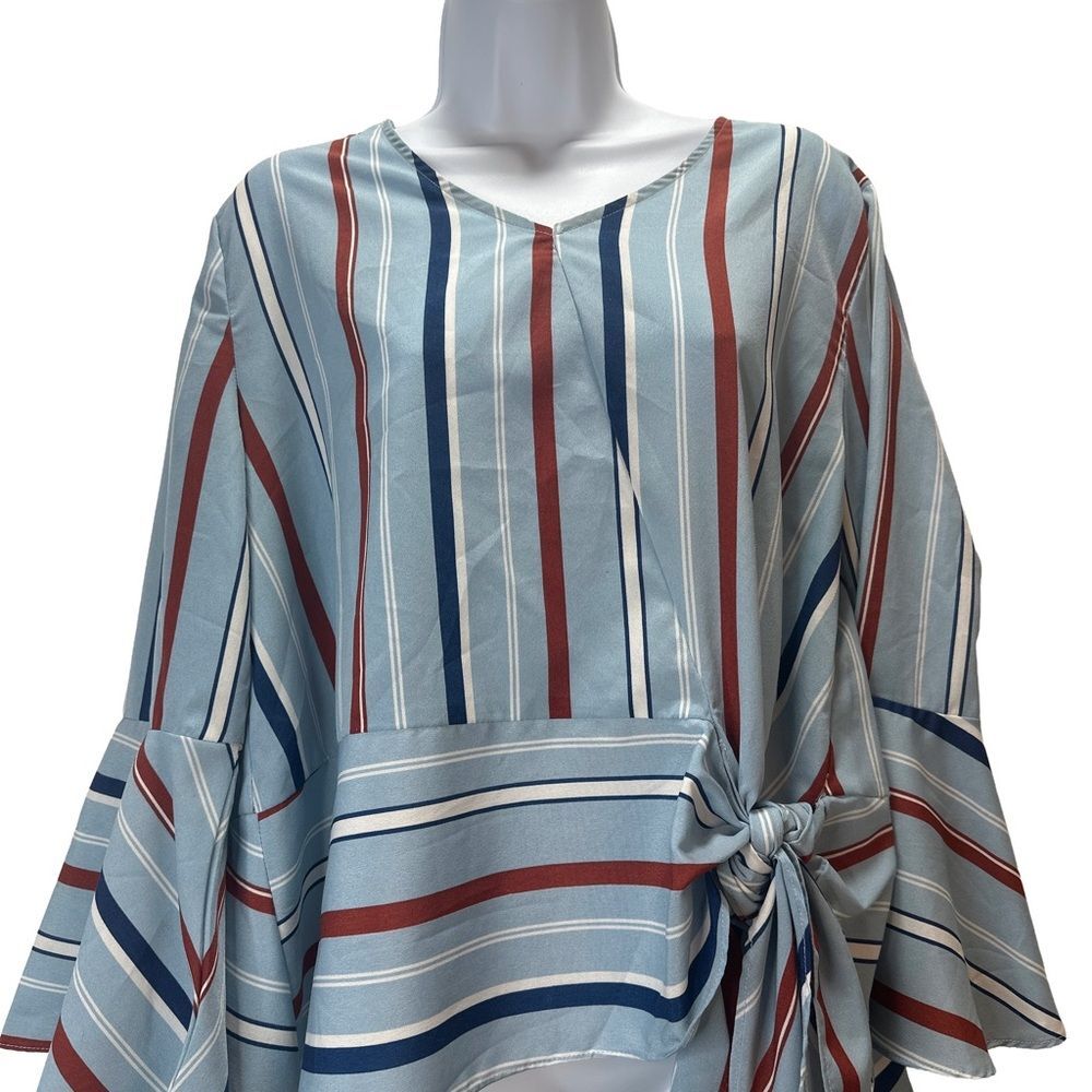 Glam Blue and Red Striped V-Neck Blouse with side tie Size Large